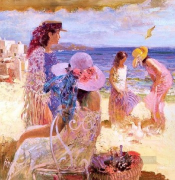Pino Daeni Painting - Damas en la playa Pino Daeni